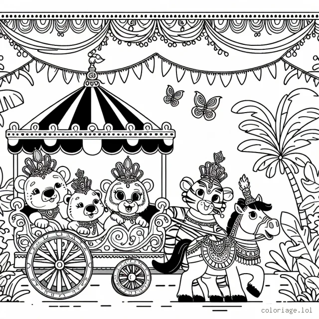 Imagine un carnaval avec des animaux de la jungle défilant dans des chariots ornés et décorés.