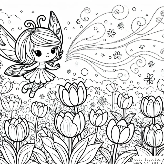 Tina, la petite fée des fleurs, flotte au-dessus d'un champ de tulipes multicolores. Utilise beaucoup d'éclats et de tons vifs pour faire briller Tina et son champ fleuri!