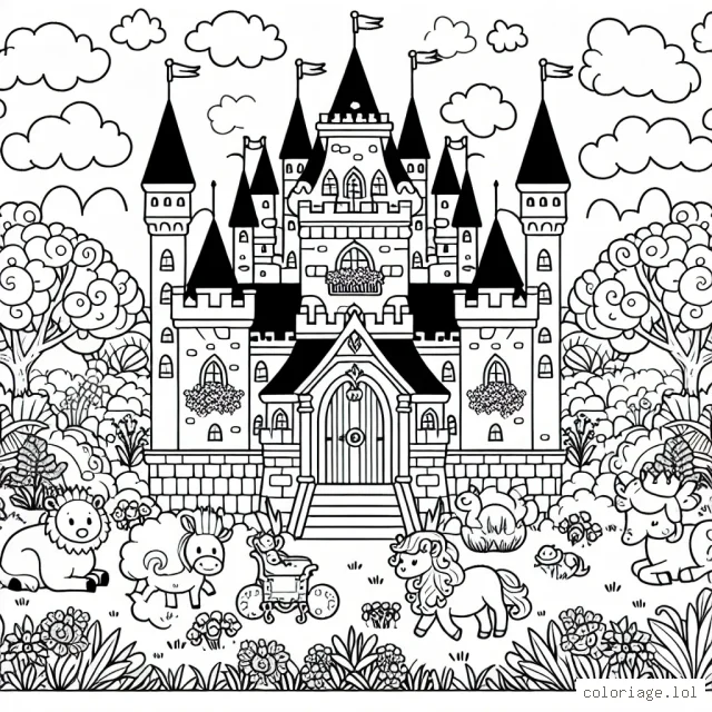 Un magnifique château de princesse entouré d'un jardin luxuriant peuplé d'animaux imaginaire.