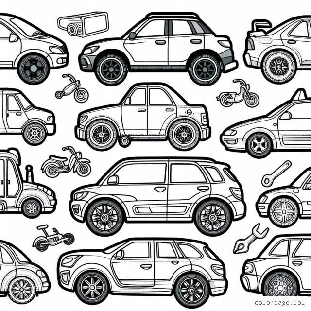Des voitures de différentes marques ont été divisées en plusieurs zones. Coloriez chaque zone selon vos préférences pour donner à chaque voiture une apparence unique.