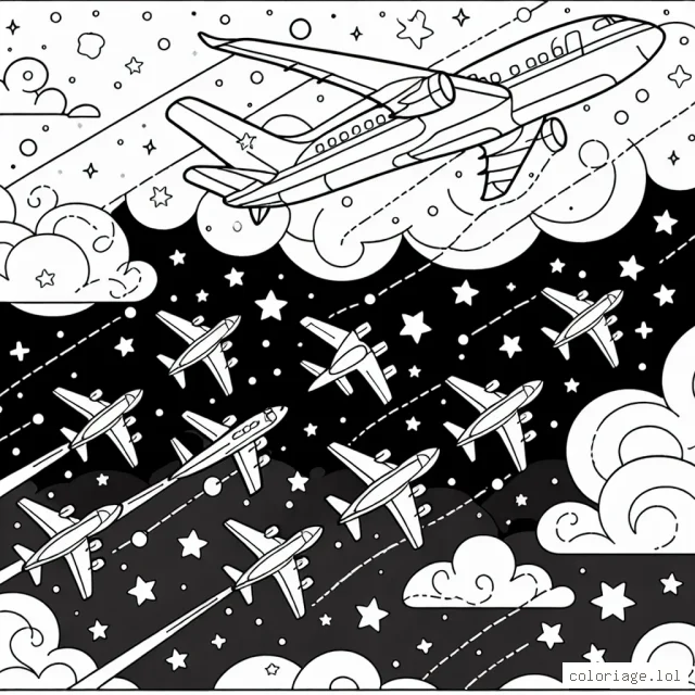 Dessin d'un groupe d'avions en forme de V dans le ciel étoilé à colorier