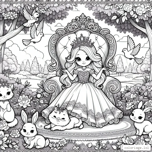 Une princesse est assise sur un trône magnifique entourée de ses compagnons animaux dans son jardin royal luxuriant. Elle porte une tiare ornée de joyaux et une robe longue qui descend jusqu'au sol. Les animaux comprennent un chat gracieux, un lapin mignon et une paire de colombes volantes. Les arbres sont en fleurs et le jardin est plein de roses, de lys et de marguerites.