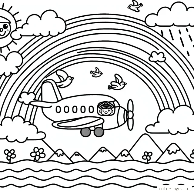 Dessine un avion survolant un arc-en-ciel, avec un pilote animé qui te fait signe à travers le hublot, des montagnes en toile de fond et des oiseaux qui volent à côté.