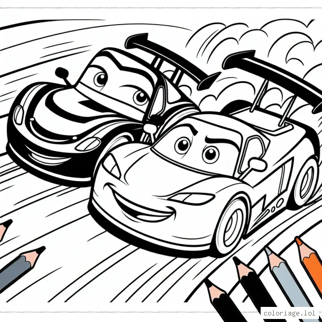 Deux voitures de courses animées aux expressions dynamiques, participant à une course passionnante sur un tracé sinueux.