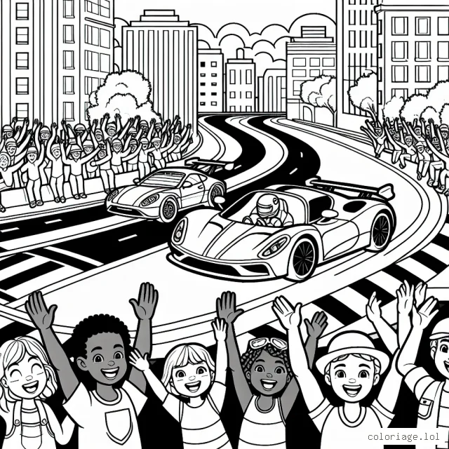 Dessine une course animée dans les rues de la ville avec des voitures colorées et des personnages enthousiastes qui les encouragent.