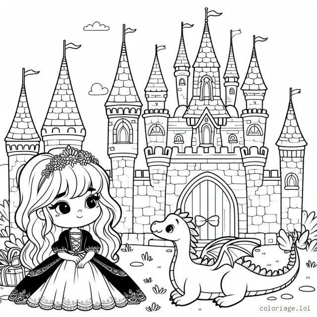 Dessine une jolie princesse au château enchanté avec son dragon domestique. Multiplie les détails pour fournir de nombreux espaces à colorer.