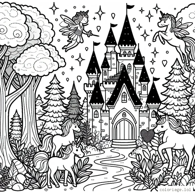 Un château magique avec des licornes et des fées dans une forêt enchantée
