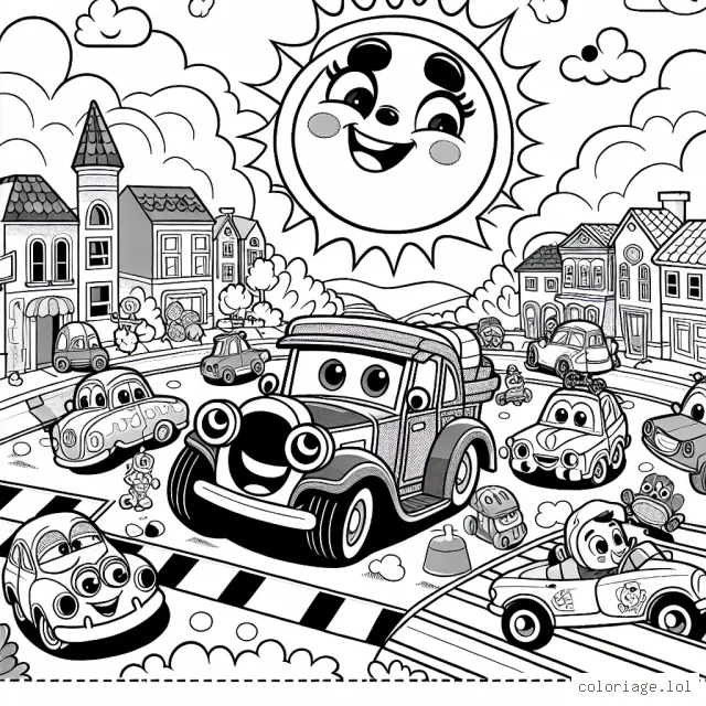 Une aventure de voitures animées dans une ville ensoleillée