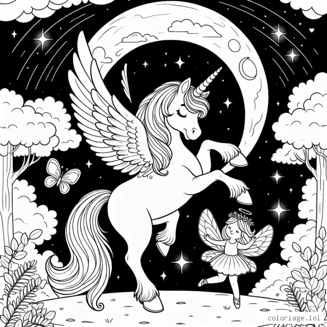 Une licorne ailée danse au clair de lune avec une petite fée