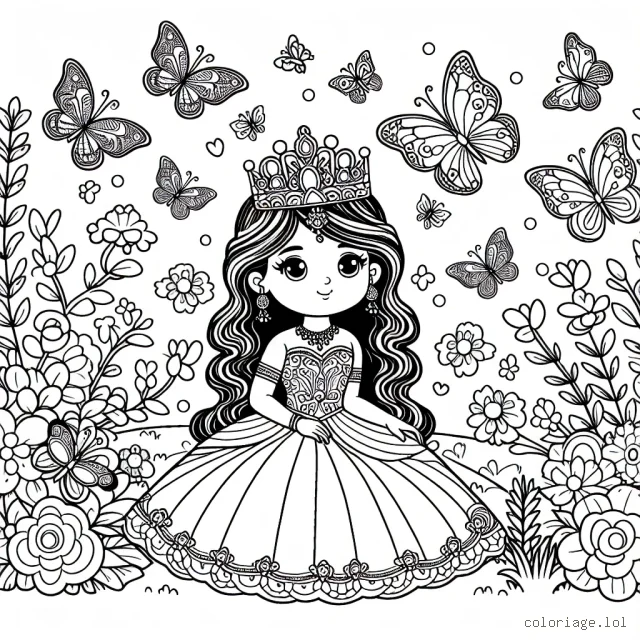 Une princesse élégante dans son jardin royal, entourée de magnifiques papillons
