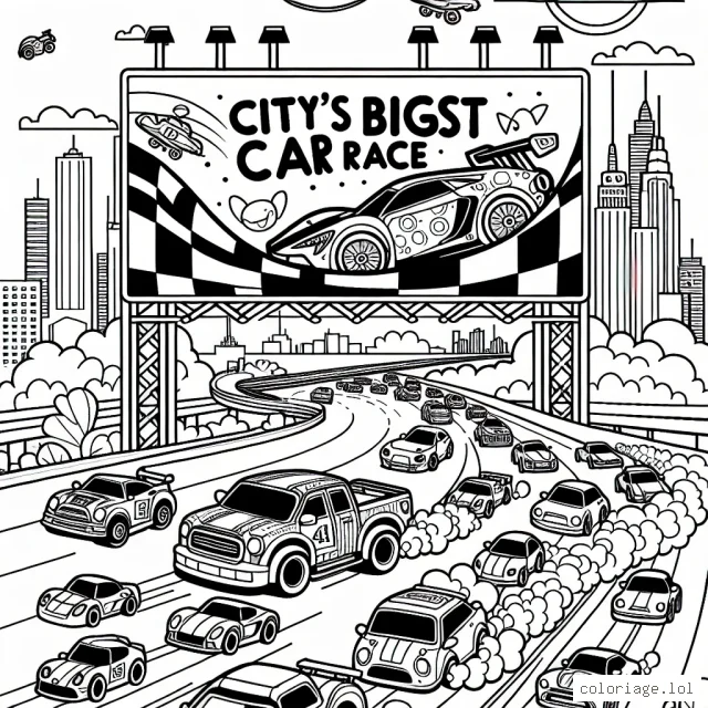 Imagine une scène animée avec des voitures de différentes formes, tailles et styles. Il y a une course de voitures amusante avec une belle vue sur la ville en arrière-plan. Chaque voiture a un design unique avec des détails à colorier, comme des rayures, des pois ou des éclats de peinture. Certaines voitures sont dans l'air, sautant d'un tremplin, tandis que d'autres sont en pleine course sur la route. Il y a aussi un grand panneau d'affichage proclamant 'La plus grande course de voitures de la ville' avec des espaces pour du coloriage et des décorations créatives.