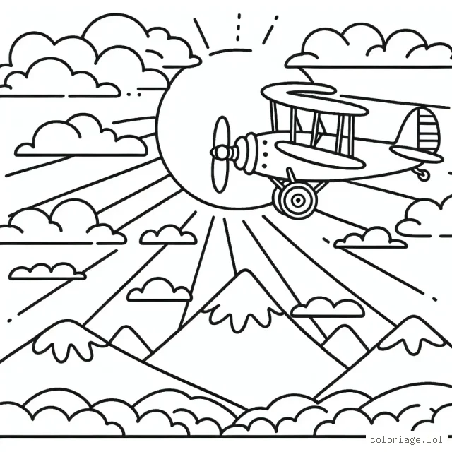 Dessine un avion biplan survolant une chaîne de montagnes, accompagné de nuages et d'un grand soleil levant.