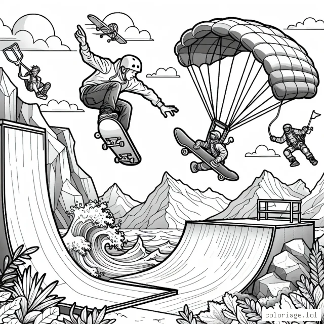 Un skateur réalise une incroyable figure dans les airs au-dessus d'une demi-piste de skatepark. À ses côtés, une grimpeuse s'élance audacieusement sur une falaise rocheuse, pendant qu'un surfeur défie une vague déferlante. Un parachutiste chute librement dans le ciel, tandis qu'un snowboardeur descend à toute vitesse une pente de neige.