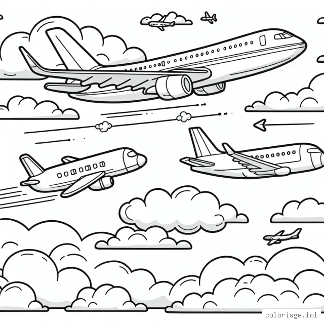 Dans le ciel bruyant et rempli de magnifiques nuages, trois avions différents sont prêts pour l'aventure. Un est un jet de passagers, l'autre est un petit avion privé et le dernier est un avion de chasse rapide. Chaque avion vole à une altitude différente, rendant la scène encore plus intéressante.