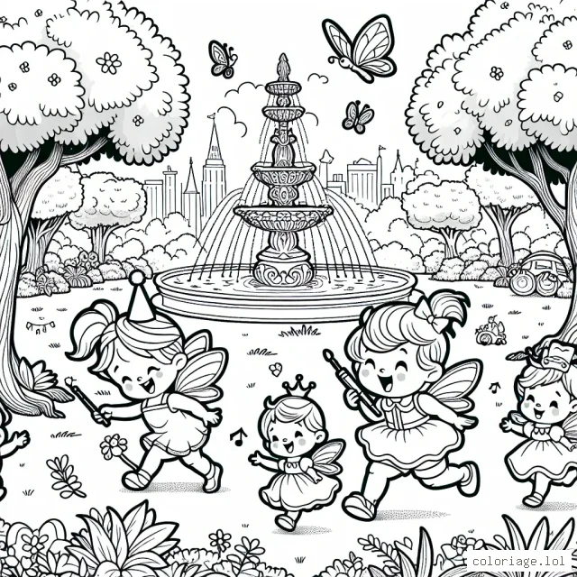 Les personnages de contes de fées jouent ensemble dans un parc merveilleux