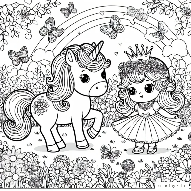 une petite princesse joue avec un poney magique dans un jardin féérique rempli de fleurs et de papillons multicolores