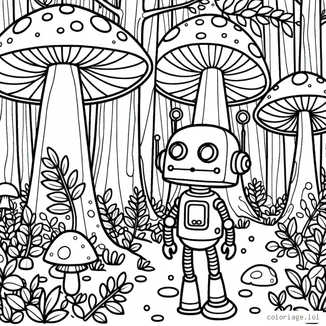 Un petit robot curieux explorant une forêt de champignons géants