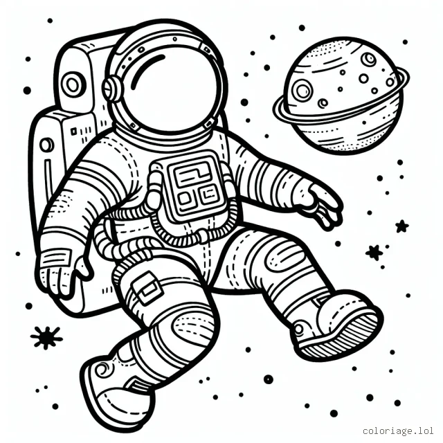 Un astronaute, dans un combinaison spatiale et un gros casque, élaboré, flotte dans l'espace avec une planète en arrière-plan.