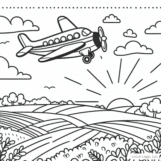 Un avion survolant une campagne, avec en arrière-plan un ciel de lever de soleil.