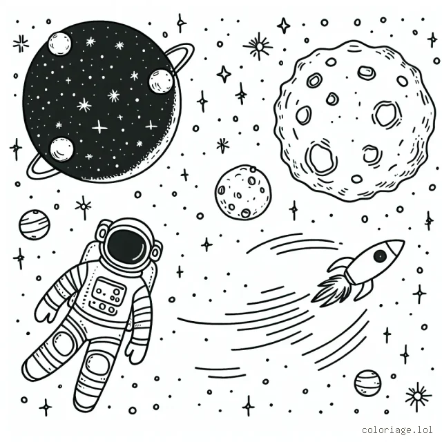 Imagine que vous êtes dans l'espace profond. Dessinez un astronaute audacieux avec une combinaison spatiale rayonnante flottant à côté d'un gros astéroïde. Par ailleurs, n'oubliez pas d'ajouter des étoiles scintillantes, une planète lointaine et une comète qui traverse le ciel !