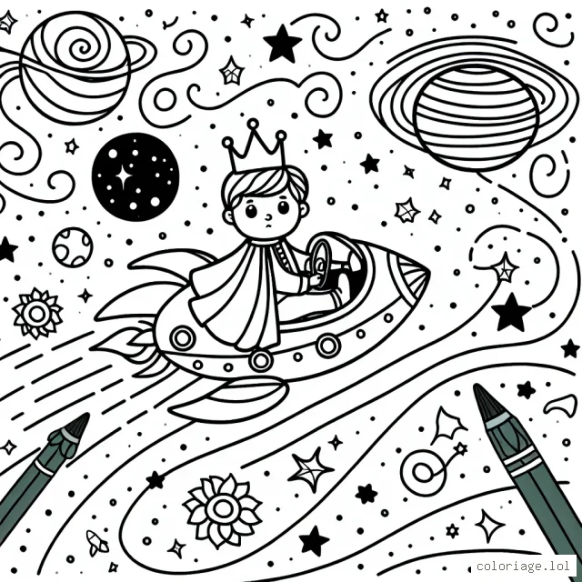 Un petit prince voyageant à travers les galaxies sur son vaisseau spatial