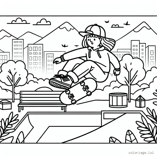 Un skateboarder exécutant un trick passionnant dans un skatepark urbain, avec des montagnes et des arbres en arrière-plan.
