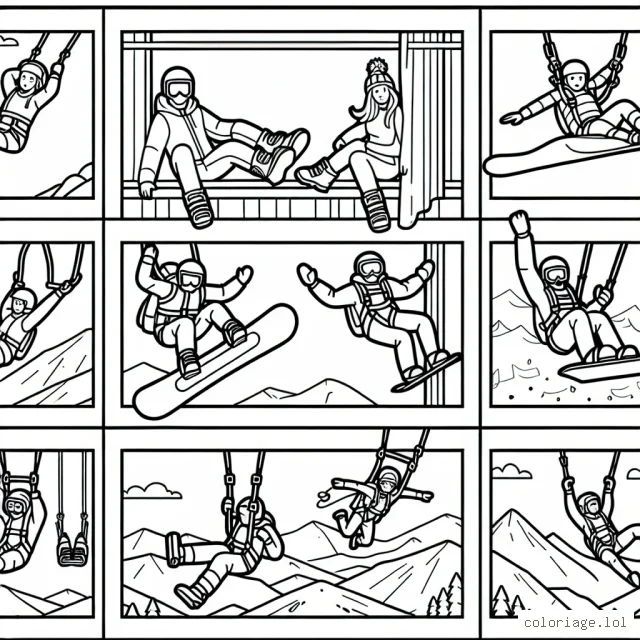 un groupe d'amis tentant différentes sortes de sports extrêmes comme le surf des neiges, le parachutisme et le saut à l'élastique