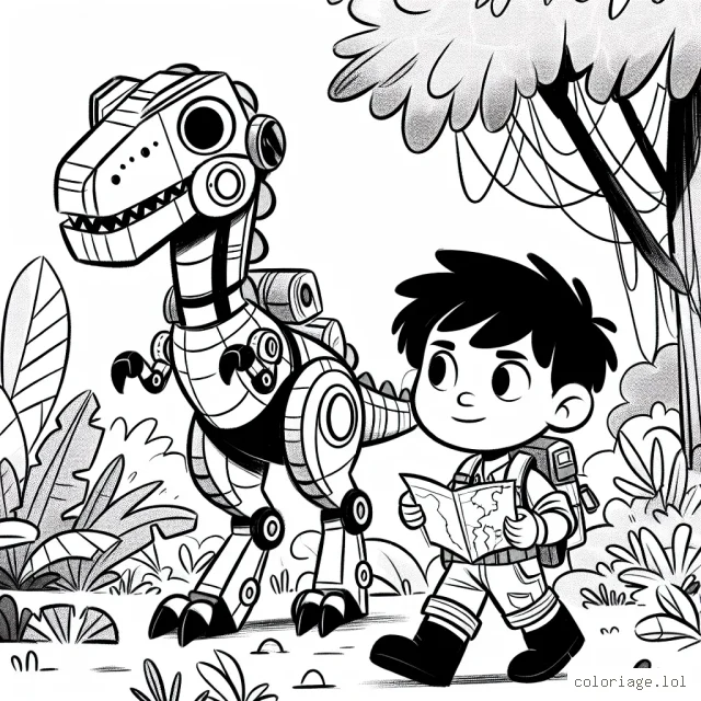 En plein cœur de la jungle, un petit garçon courageux marche aux côtés de son fidèle robot en forme de dinosaure. Il a une carte à la main et un sac à dos rempli d'équipement d'aventure.