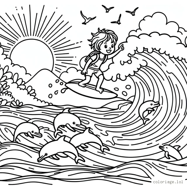 Un jeune aventurier en action sur sa planche de surf, surfant une vague gigantesque, avec des dauphins qui jouent autour, sous un ciel de coucher de soleil.