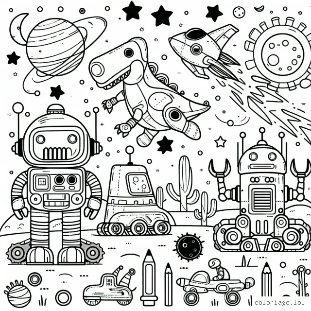 Une aventure spatio-temporelle pleine d'action avec des robots, des dinosaures et des vaisseaux spatiaux à colorier pour les petits garçons