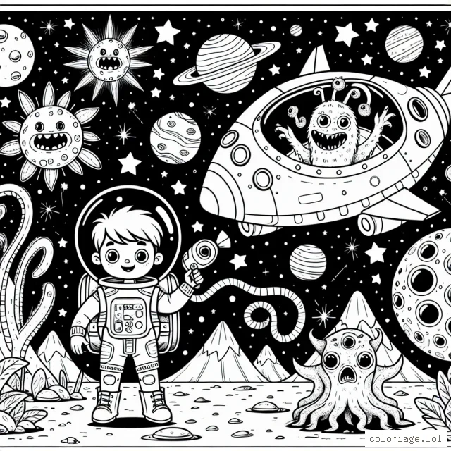 Un jeune explorateur voyage à travers la galaxie dans son vaisseau spatial. Il rencontre diverses créatures étonnantes et explore des planètes pleines de merveilles. Sur une des planètes, il rencontre un gentil monstre des étoiles qui l'aide dans son voyage. Imagine comment ils peuvent ressembler et colorie-les comme tu le souhaites.