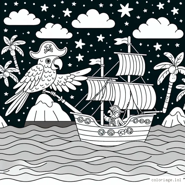 Un pirate avec son perroquet sur un navire en pleine mer sous un ciel étoilé