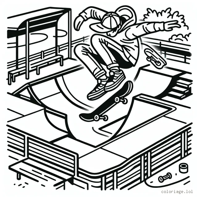 Dessine un parcours de skatepark plein d'action avec un skateur en plein saut!