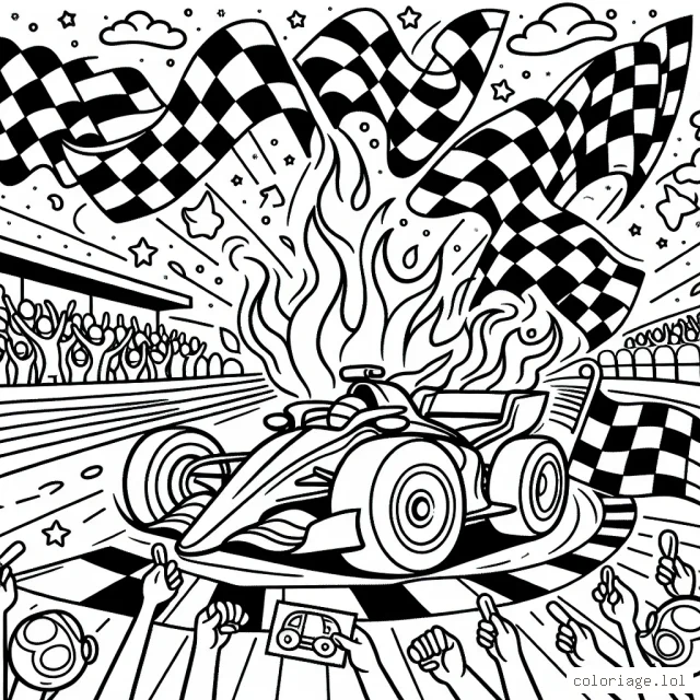 Concevez un dessin détaillé de voitures de course flamboyantes sur un circuit animé, avec des fans en délire sur les gradins et des drapeaux à damier flottant au vent.