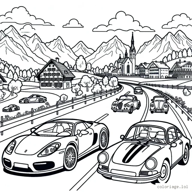 Dessine et colorie une Ferrari, une Mercedes et une Peugeot, chacune dans un environnement correspondant à son pays d'origine