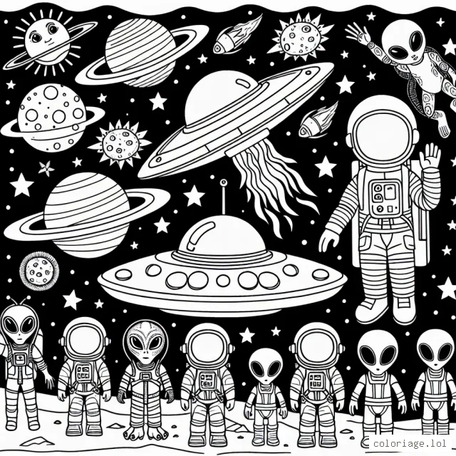 Une grande aventure intergalactique avec des vaisseaux spatiaux, des astronautes et des extraterrestres à colorier