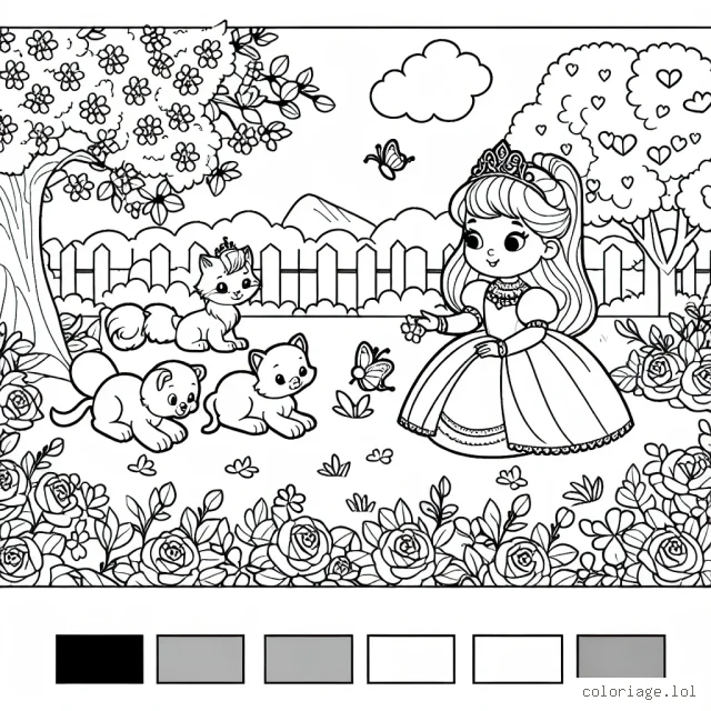 Une princesse joue avec ses animaux de compagnie dans un jardin fleuri.