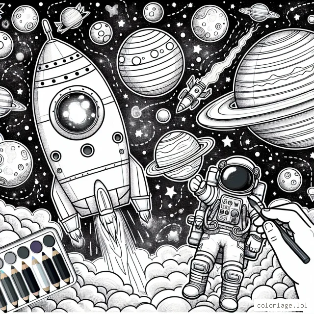 Une grande aventure spatiale t'attend ! Il y a une fusée, diverses planètes et un astronaute courageux à colorier. Laisse libre cours à ton imagination pour donner des couleurs à l'univers infini !