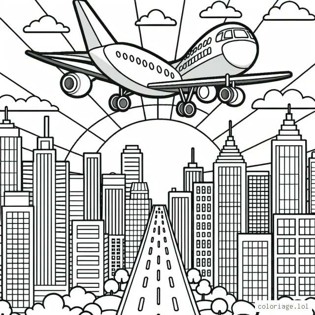 Dessine un avion de ligne survolant une ville pleine de gratte-ciels avec le soleil couchant en arrière-plan.