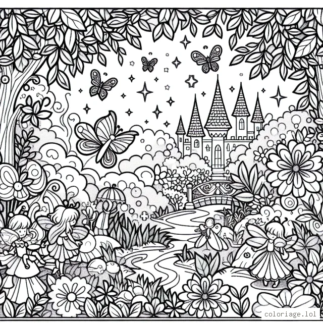 Un jardin enchanté peuplé de fées et de papillons