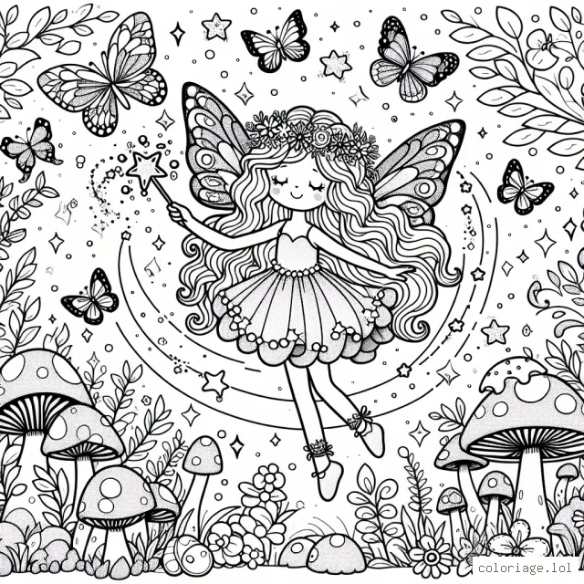 Imaginez une petite fée virevoltante dans une forêt enchantée, parsemée de champignons magiques, de papillons brillants et de fleurs aux couleurs vives. La fée a de longs cheveux bouclés, de jolies ailes scintillantes et tient une baguette étoilée. Ajoutez des détails pour la rendre encore plus magique.