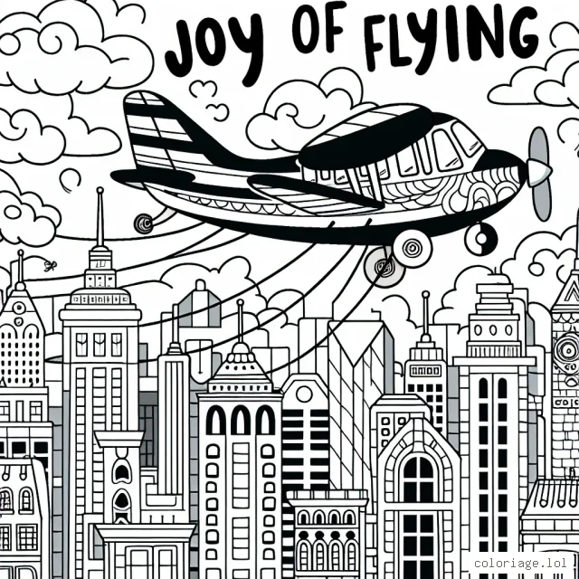 Un avion survole une ville animée et traîne une grande bannière affichant 'Joie de voler'. Les bâtiments de la ville sont de différentes formes et tailles, dotés de nombreux détails pour permettre l'expression créative. L'avion est détaillé avec une cabine de pilotage visible et des ailes larges pour offrir encore plus d'opportunités de colorier.