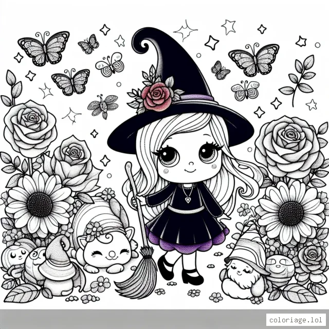 Dessine la petite sorcière Lily dans son jardin enchanté. Lily porte une robe violette et un chapeau pointu bleu foncé. Son jardin est plein de roses rouges, de tournesols jaunes, de papillons multicolores et de petits farfadets. Ne manque pas de colorier son chat noir qui dort sur son balai magique.