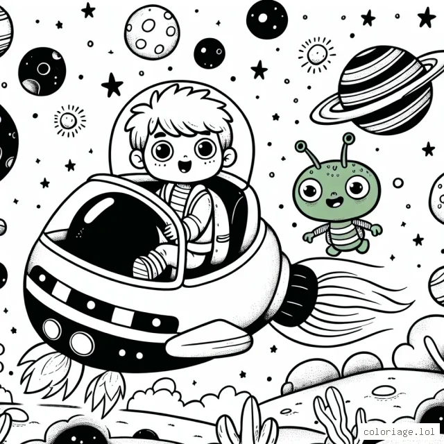 Un petit garçon courageux est en train de piloter son propre vaisseau spatial à travers la galaxie, en évitant astéroïdes et trous noirs. Il est rejoint par son fidèle extraterrestre vert qui l'aide à naviguer entre les planètes colorées.