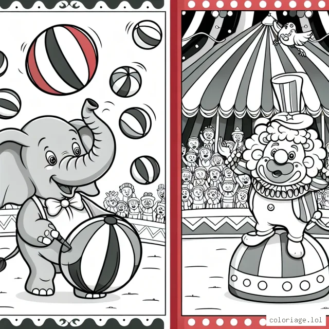 Sur la scène d'un cirque animé, un éléphant jongle avec des boules colorées tout en dansant sur une grande boule. À côté, un clown amusant s'amuse avec un grand lion qui fait des acrobaties, et en arrière-plan, on voit un chapiteau de cirque rouge et blanc avec des spectateurs excités.
