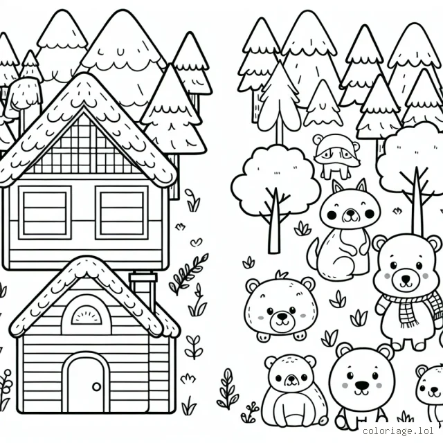 Dessine une petite maison au milieu d'une forêt peuplée d'animaux sauvages amicaux.