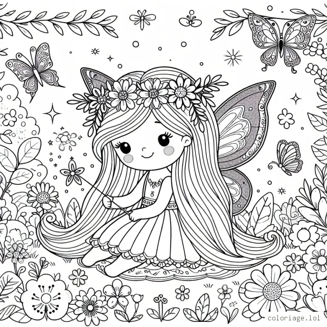 Imagine un scénario enchanteressant avec une petite fée qui vit dans un jardin enchanté. Elle est entourée de fleurs multicolores, de papillons et d'animaux de la forêt. La fée a de longs cheveux dorés et des ailes délicates qui scintillent. Elle tient une baguette magique.