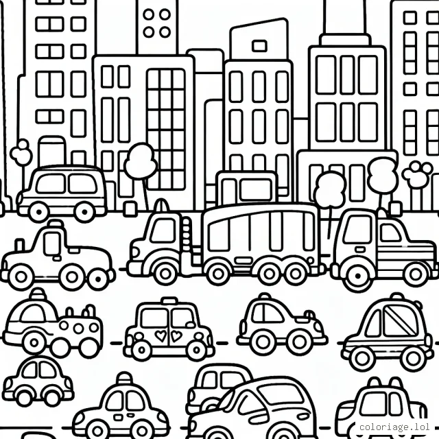 Dessine une parade de voitures colorées défilant dans une rue animée de la ville