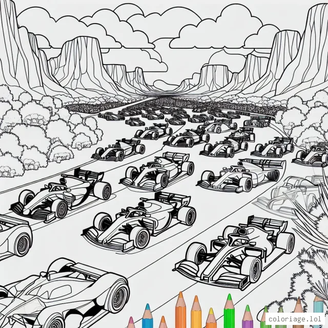 Imagine un groupe de voitures par marque réunies dans un paysage impressionnant pour la course de l'année ! Choisis tes couleurs préférées pour donner vie à cette scène animée.