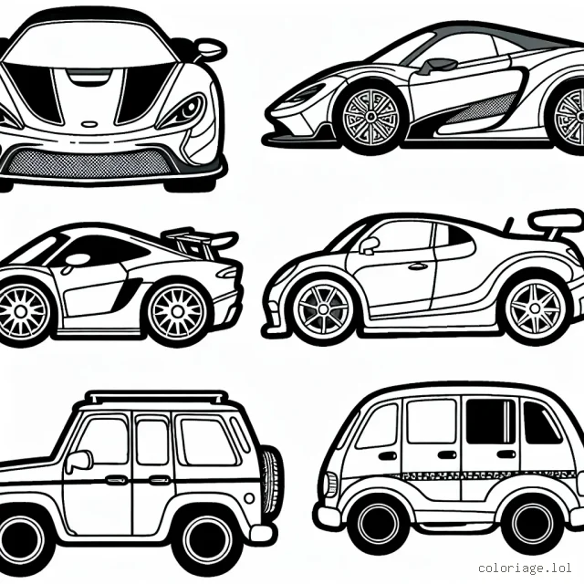 Des voitures de diverses marques sont dessinées sur une page, chaque voiture est caractéristique de sa marque spécifique. Par exemple, une voiture de sport pour Ferrari, une minivan pour Renault, et ainsi de suite. Chaque véhicule est accompagné du logo de sa marque pour faciliter l'identification.